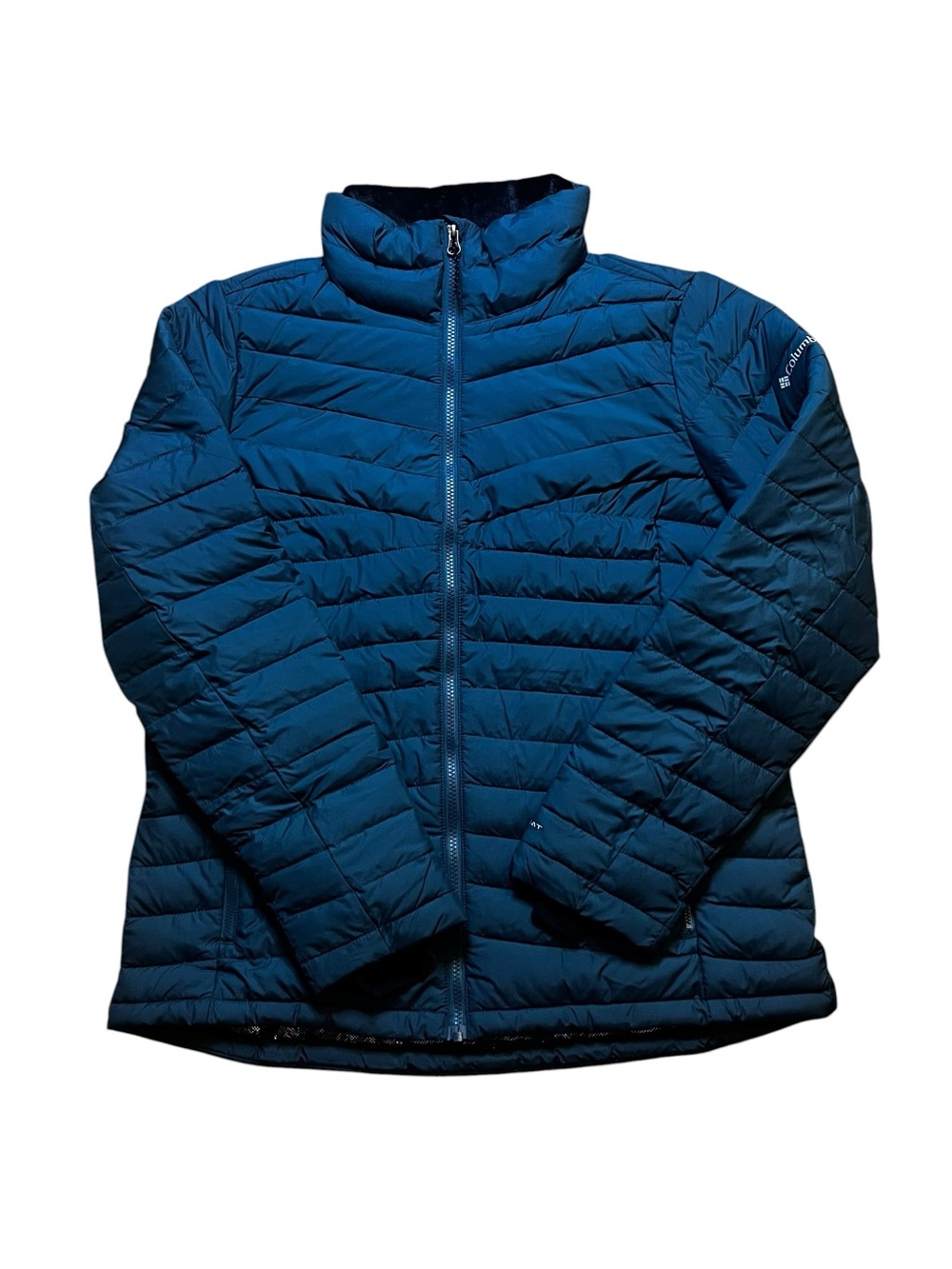 COLUMBIA WHITE OUT FS Women’s Large OMNI HEAT JACKET Teal Blue Zippered Pockets